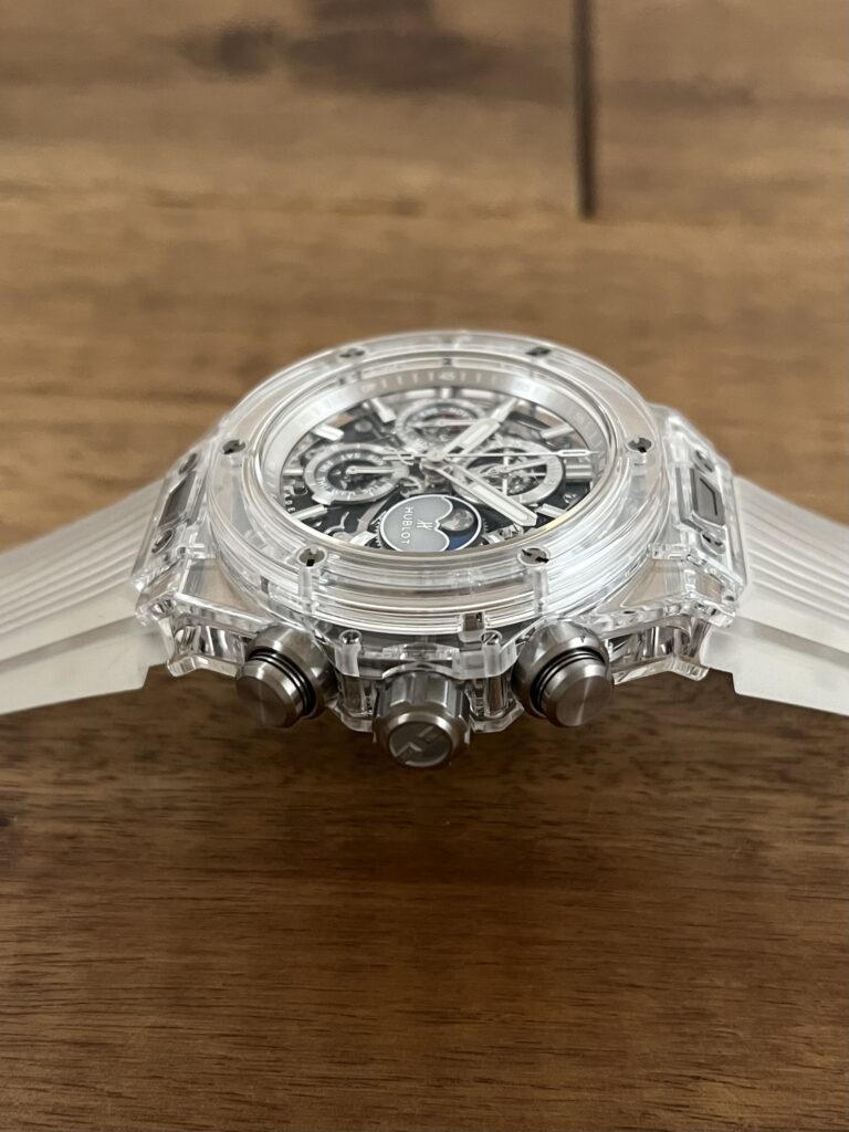 ウブロ ビッグバン ウニコ クロノグラフ パーペチュアル カレンダー サファイア 406.JX.0120.RT 中古 リューズ側から 委託 高価 買取 販売 名古屋