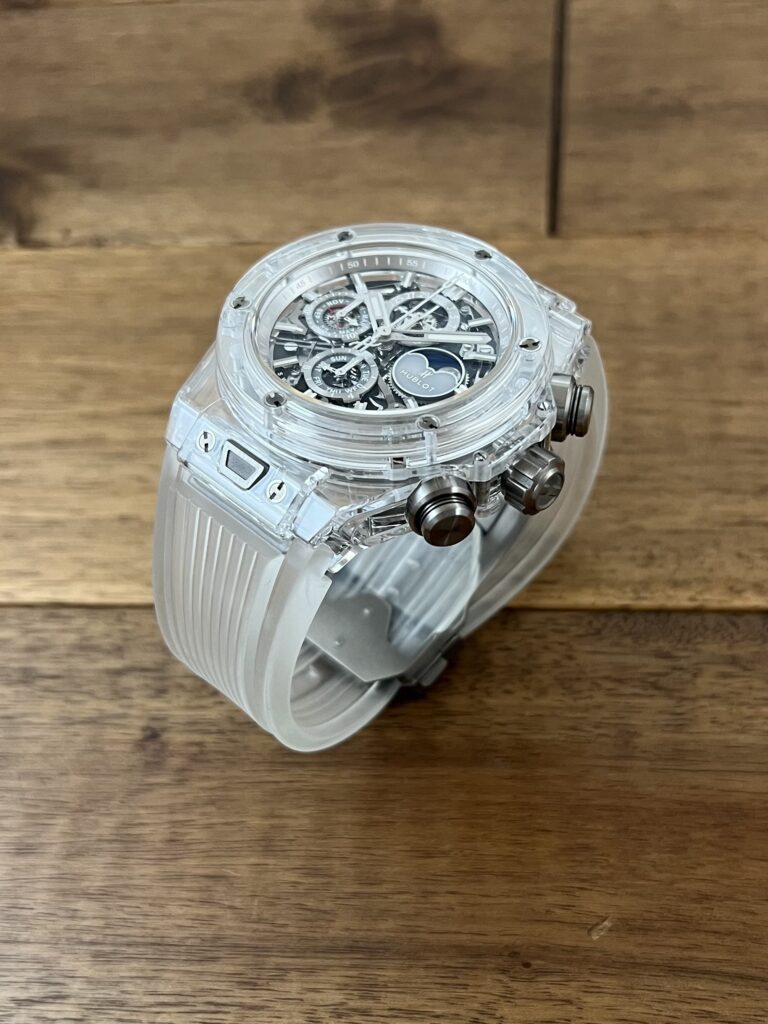 ウブロ ビッグバン ウニコ クロノグラフ パーペチュアル カレンダー サファイア 406.JX.0120.RT リミテッドエディション 中古 5時側から 委託 高価 買取 販売 名古屋