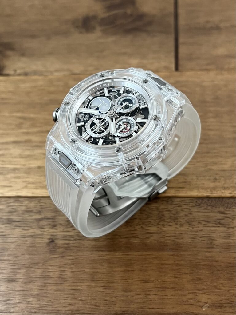 ウブロ ビッグバン ウニコ クロノグラフ パーペチュアル カレンダー サファイア 406.JX.0120.RT リミテッドエディション 中古 11時側から 委託 高価 買取 販売 名古屋