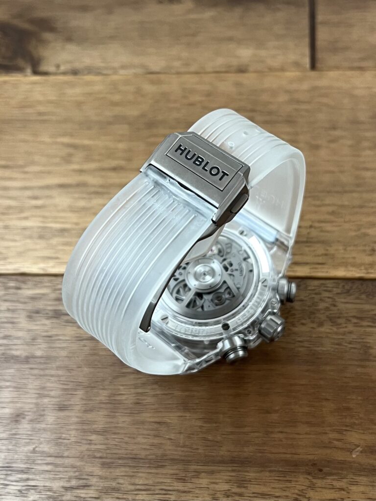 ウブロ ビッグバン ウニコ クロノグラフ パーペチュアル カレンダー サファイア 406.JX.0120.RT リミテッドエディション 中古 バックル側から 委託 高価 買取 販売 名古屋