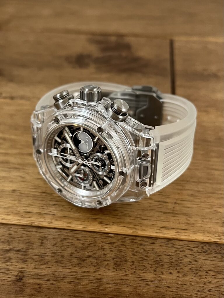 ウブロ ビッグバン ウニコ クロノグラフ パーペチュアル カレンダー サファイア 406.JX.0120.RT リミテッドエディション 中古 正面から全体 委託 高価 買取 販売 名古屋