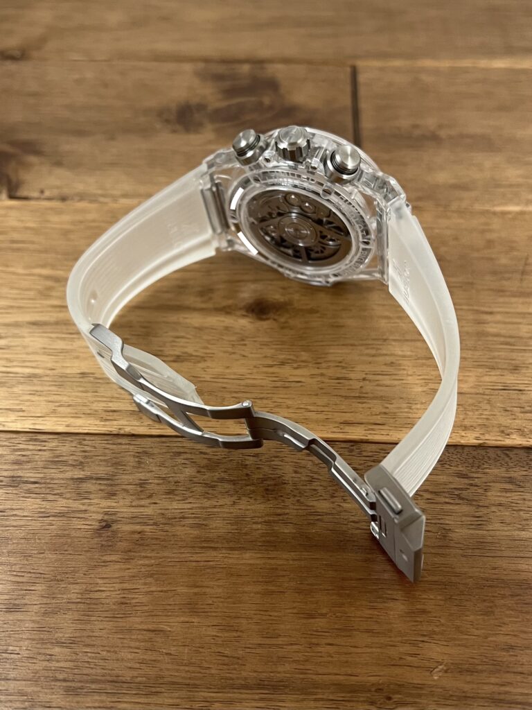 ウブロ ビッグバン ウニコ クロノグラフ パーペチュアル カレンダー サファイア 406.JX.0120.RT リミテッドエディション 中古 正面 委託 高価 買取 販売 名古屋クラスプ側から全体