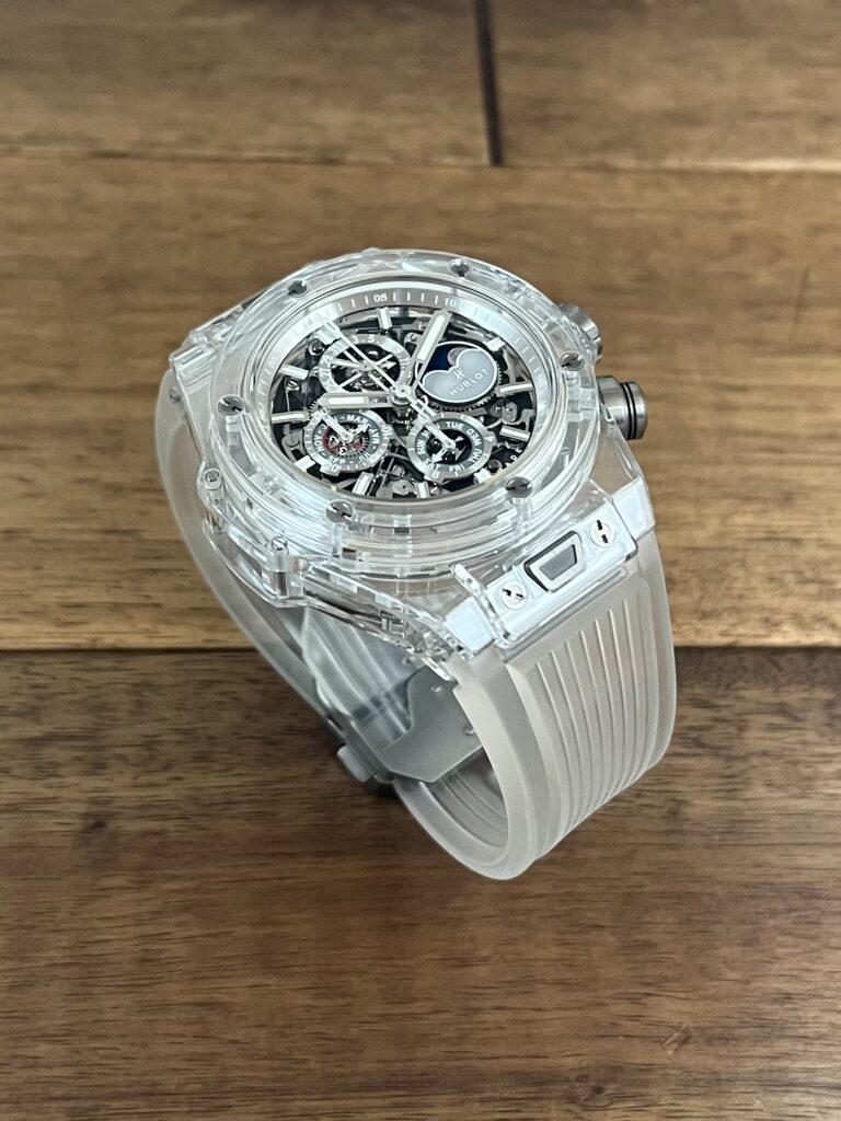 ウブロ ビッグバン ウニコ クロノグラフ パーペチュアル カレンダー サファイア 406.JX.0120.RT リミテッドエディション 中古 7時側から 委託 高価 買取 販売 名古屋