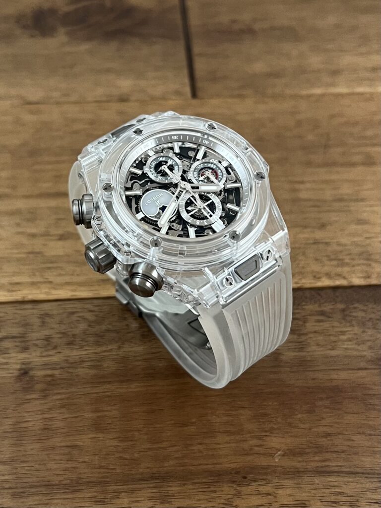 ウブロ ビッグバン ウニコ クロノグラフ パーペチュアル カレンダー サファイア 406.JX.0120.RT リミテッドエディション 中古 1時側から 委託 高価 買取 販売 名古屋