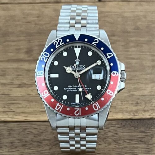 中古 ロレックス GMTマスター 16750 ブラック(黒) 赤青ベゼル 76番台 フチなし シングルバックル トリチウム 正面 セミヴィンテージ 委託 高価 買取 販売 名古屋