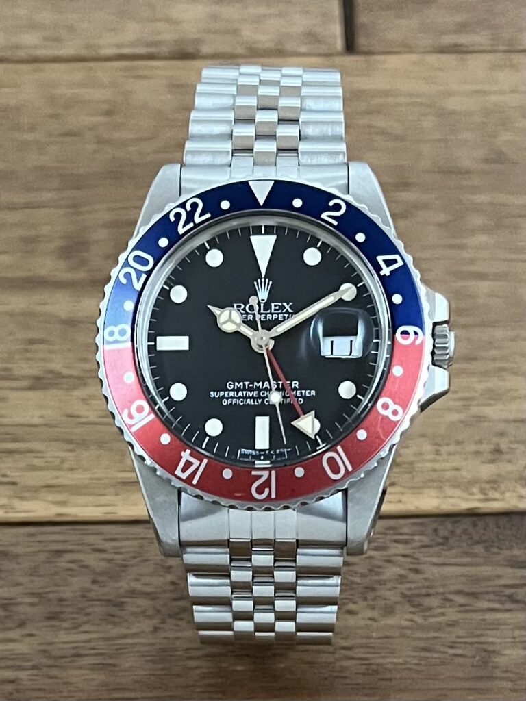 中古 ロレックス GMTマスター 16750 ブラック(黒) 赤青ベゼル 76番台 フチなし シングルバックル トリチウム フチなし 中古 正面 委託 高価 買取 販売 名古屋