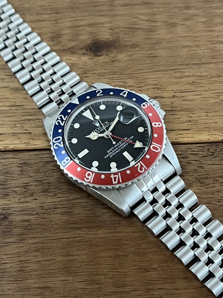 ロレックス GMTマスター 16750 ブラック(黒) 赤青ベゼル 76番台 フチなし シングルバックル トリチウム 中古 7時側から セミヴィンテージ 委託 高価 買取 販売 名古屋