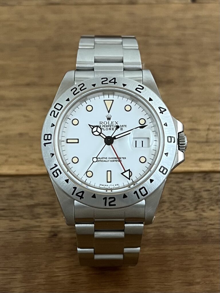 ロレックス エクスプローラー2 16570 N1番 ホワイトダイアル トリチウム パティーナ 中古 正面からの画像 委託 高価 買取 販売 名古屋