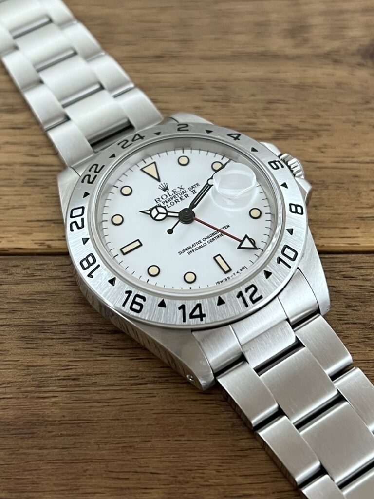 ロレックス エクスプローラー2 16570 N1番 ホワイトダイアル トリチウム パティーナ 中古 7時側からの画像 委託 高価 買取 販売 名古屋