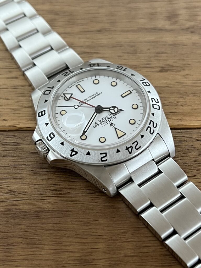 ロレックス エクスプローラー2 16570 N1番 ホワイトダイアル トリチウム パティーナ 中古 1時側からの画像 委託 高価 買取 販売 名古屋