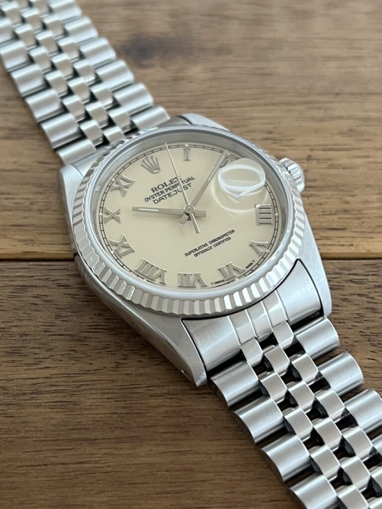 ロレックス デイトジャスト 16234 X8番 クリーム ローマン ダイアル 中古 7時側からの画像 委託 高価 買取 販売 名古屋