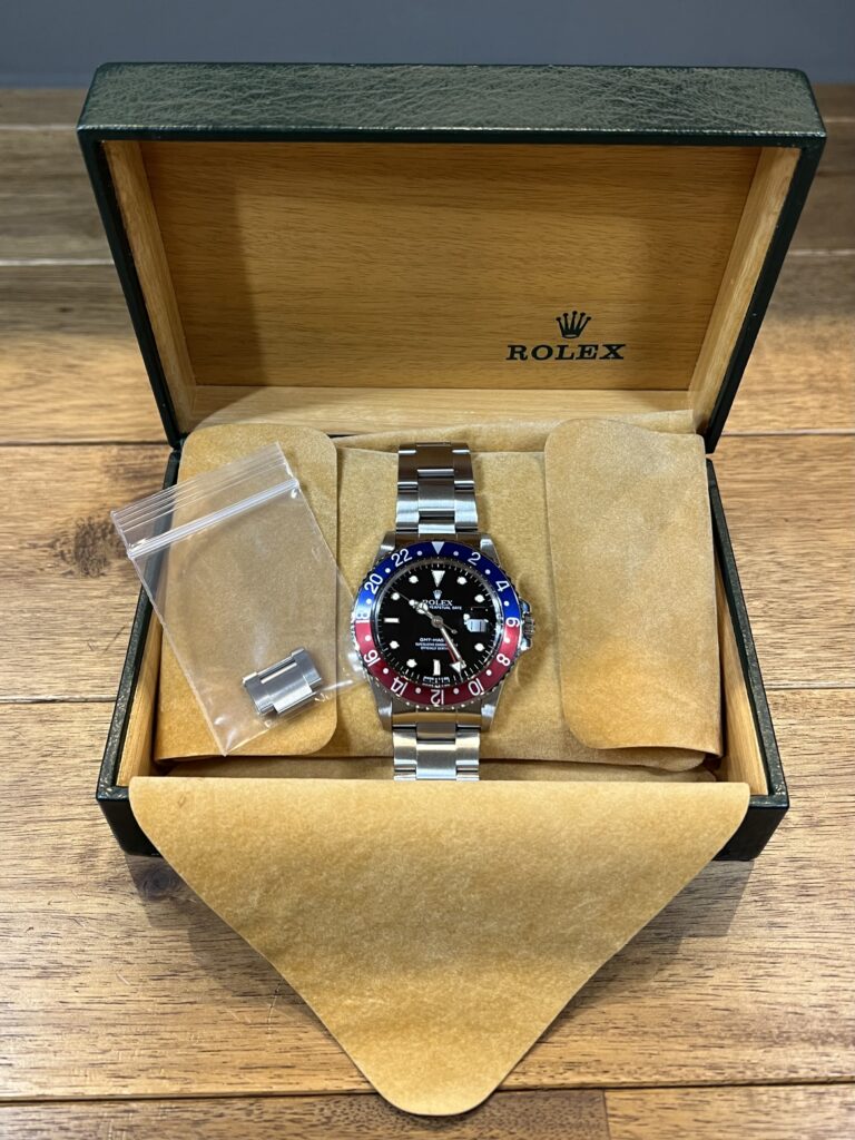 ロレックス GMTマスター 16750 95番台 ブラックダイアル 赤青ベゼル フチあり シングルバックル トリチウム 中古 セミヴィンテージ 付属品 委託 高価 買取 販売 名古屋